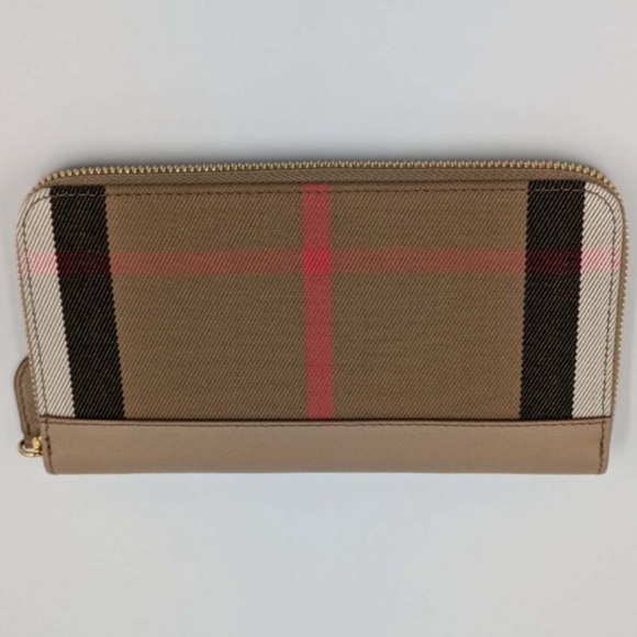 BURBERRY Large Check Zip Around Grainy Leather Canvas Wallet Chestnut Beige, NWT - Picture 1 of 8